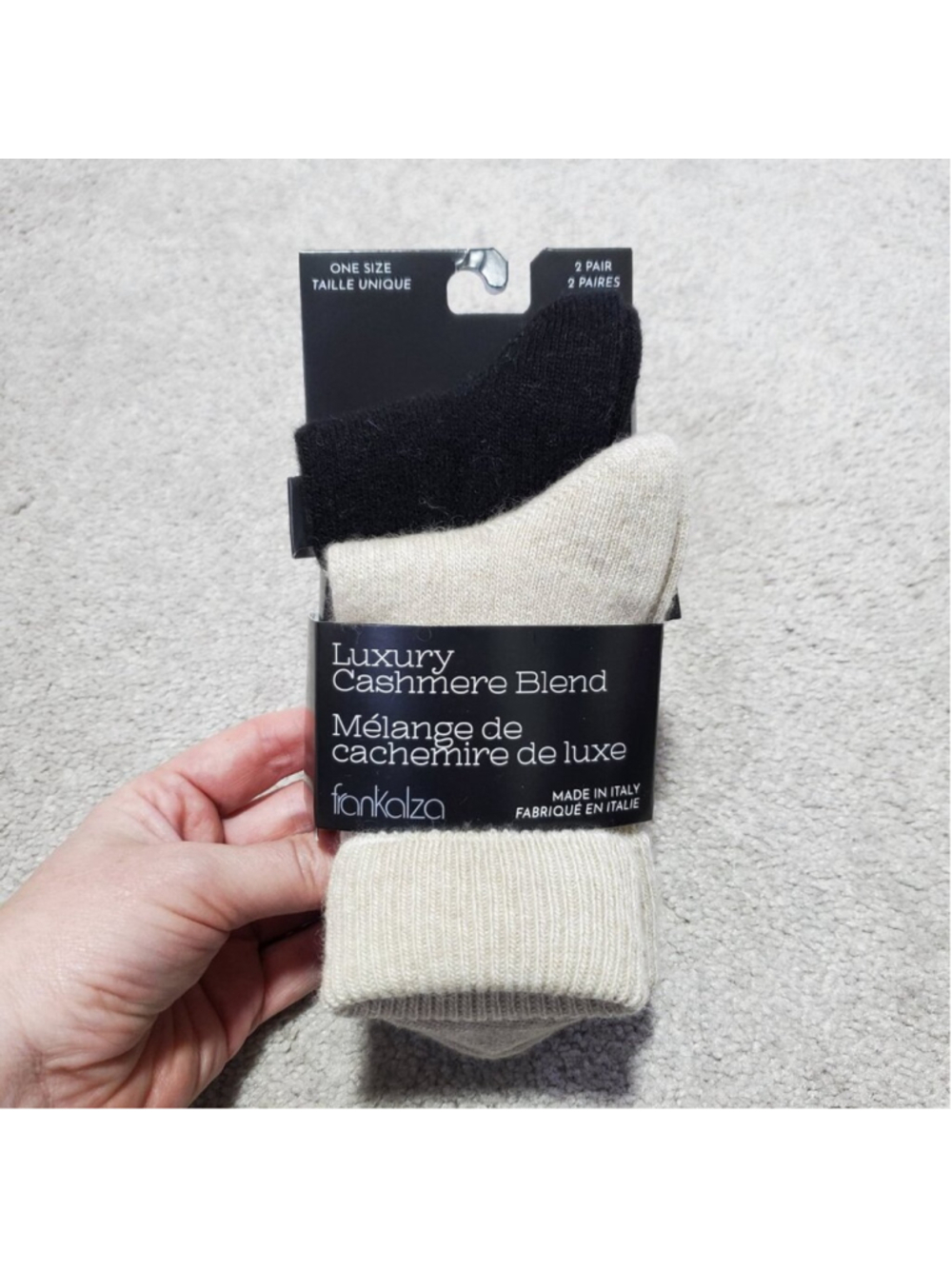 FRANKALZA NWT Luxury Cashmere Blend Crew Socks 2 Pairs Black Beige Women's OS